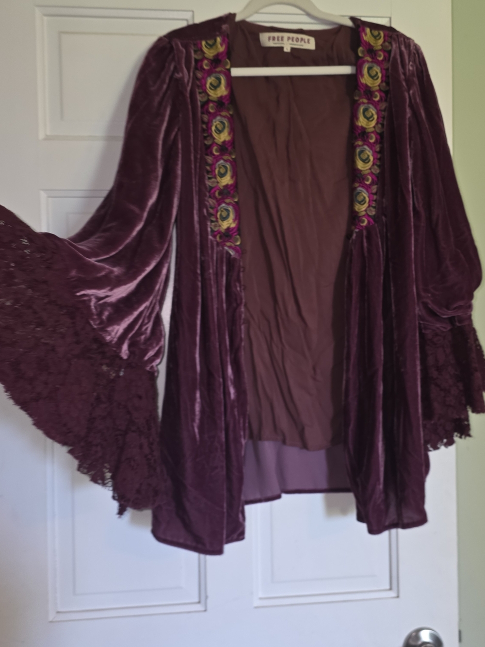 Free People Plum Velvet Embroidered Open Cardigan